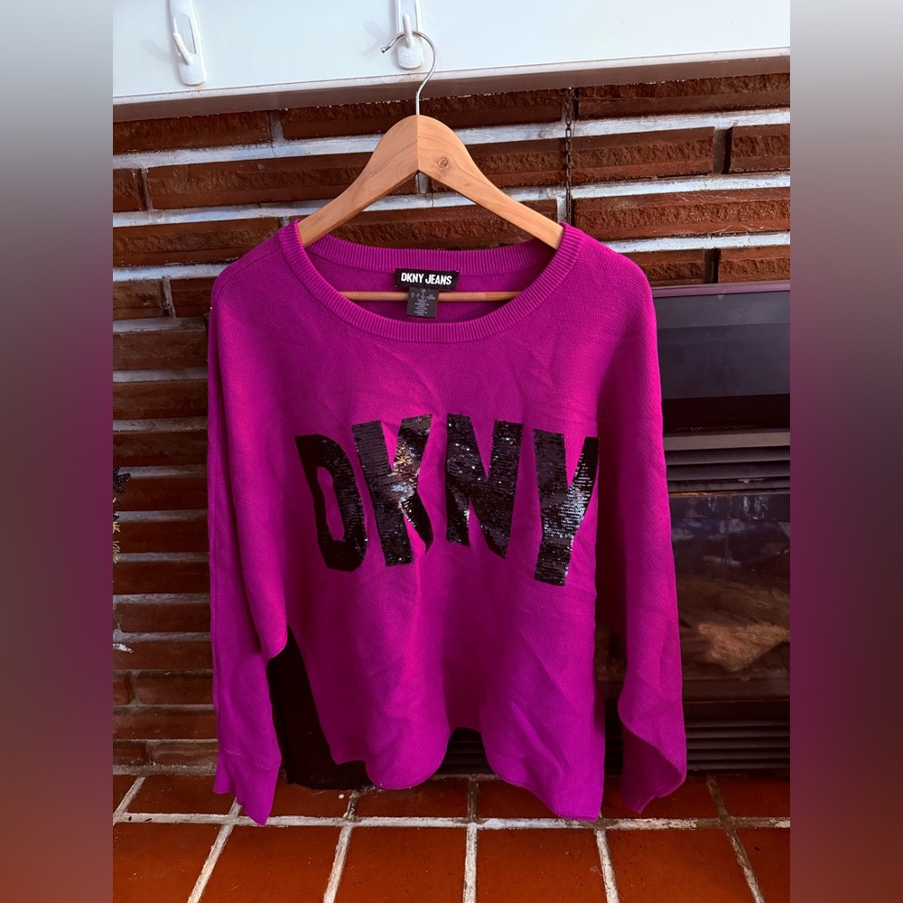 DKNY Fuchsia with Black Sequins on Knit Top Sweater Size L
